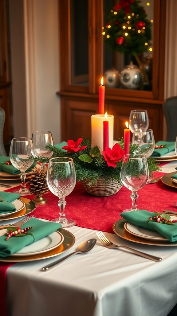 Simple Christmas Table Setting Ideas A festive Christmas table setting with red and green decorations, elegant dinnerware, and a centerpiece of candles and pinecones.